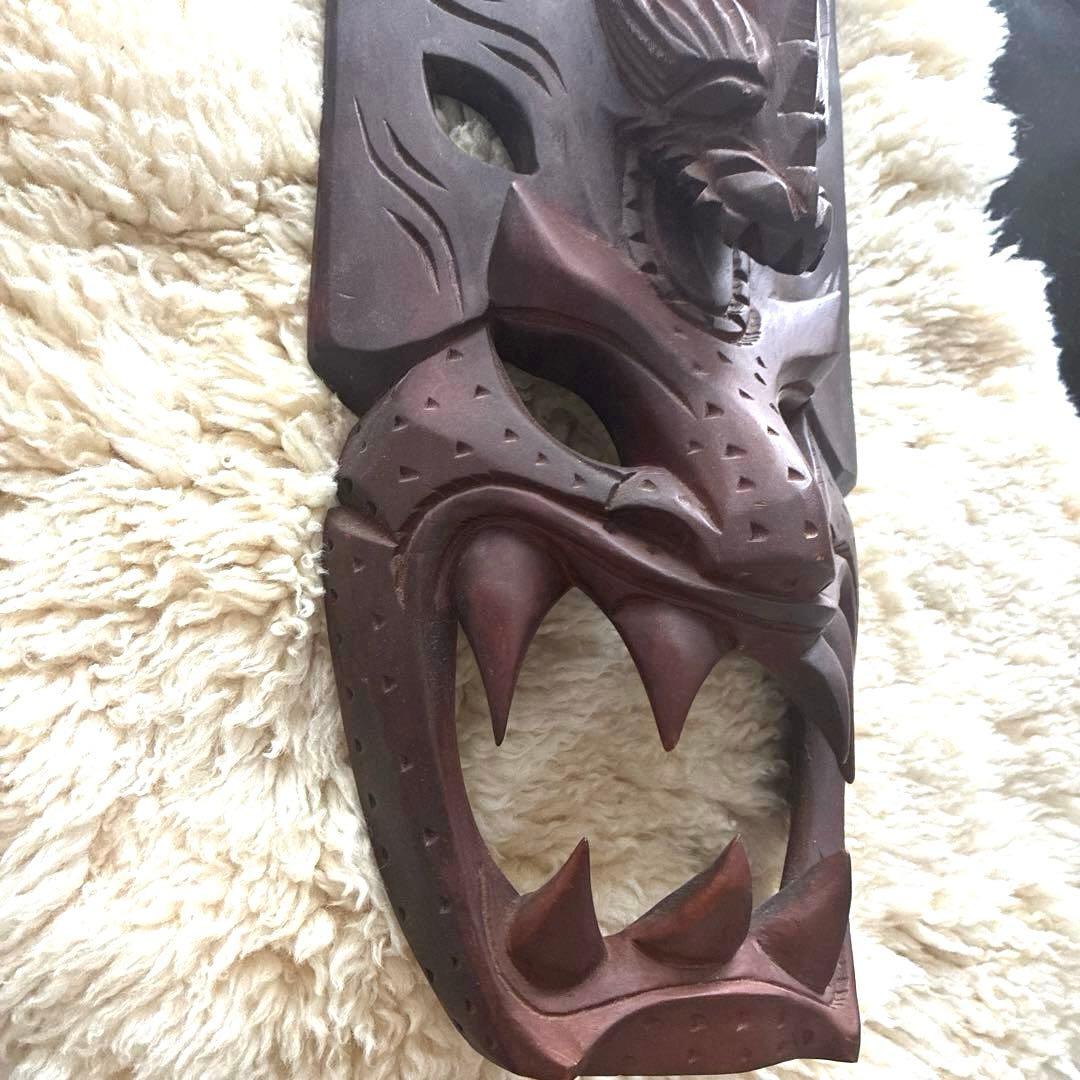 木製彫刻マスク ダークブラウン　インドネシア　お面　お土産　ヴィンテージ