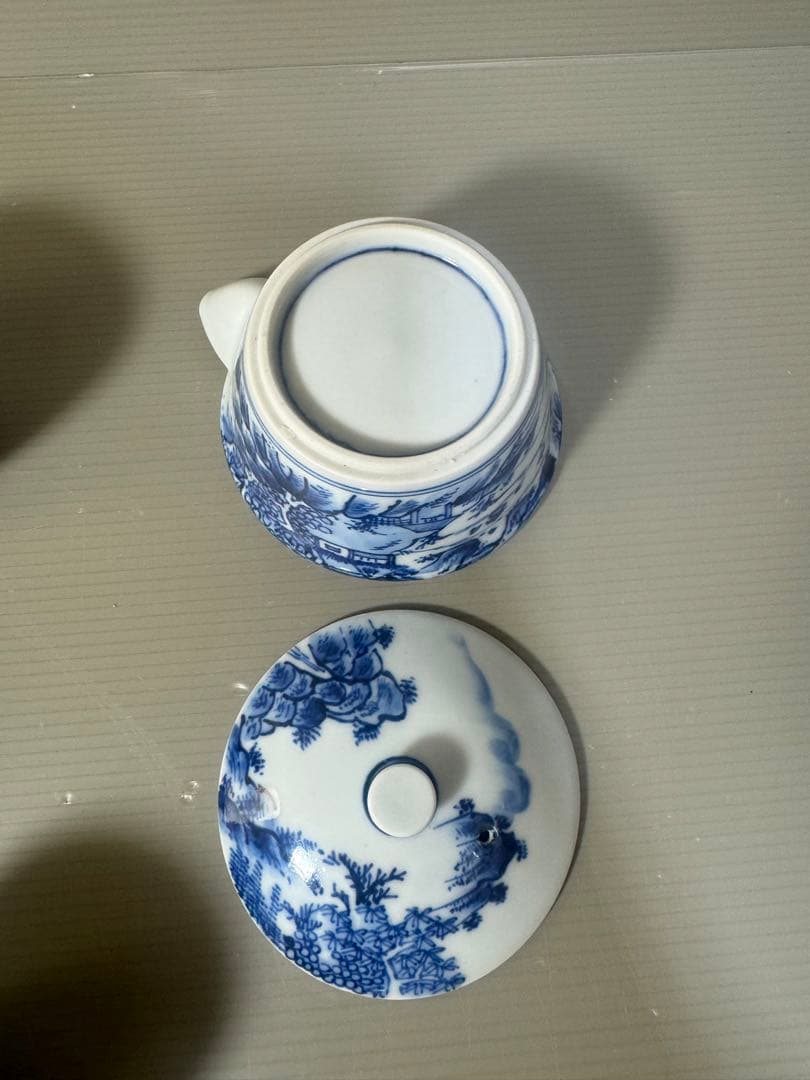 2334 平安草仙　染付青花　茶器セット　宝瓶1客　湯冷し1客　湯呑5客　鉢付き