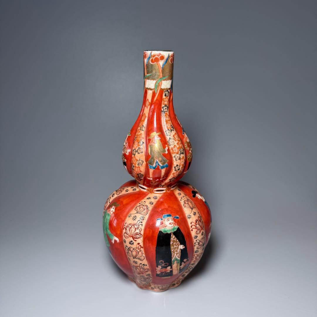 幕末〜明治期　アンティーク薩摩　異人図祥瑞瓢箪形花瓶　箱　布　里帰り品