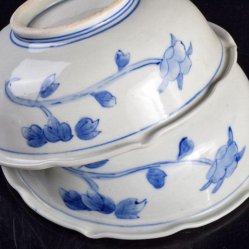 瀬戸焼　古瀬戸　染付　花蝶文　饂飩皿　六客　時代箱付　C　R9353B