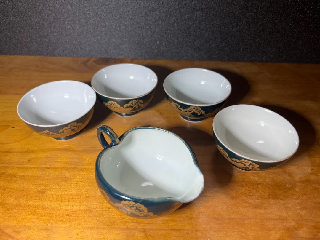 九谷　金彩　紺青　湯冷まし　湯呑　富士山　松　鶴　茶道具　煎茶道具