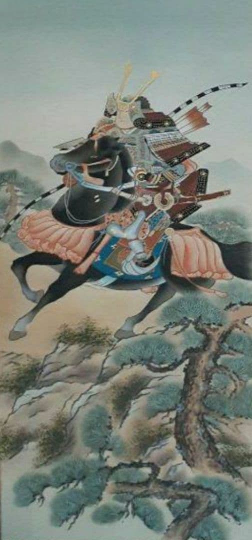 掛け軸/武者/黒馬/松