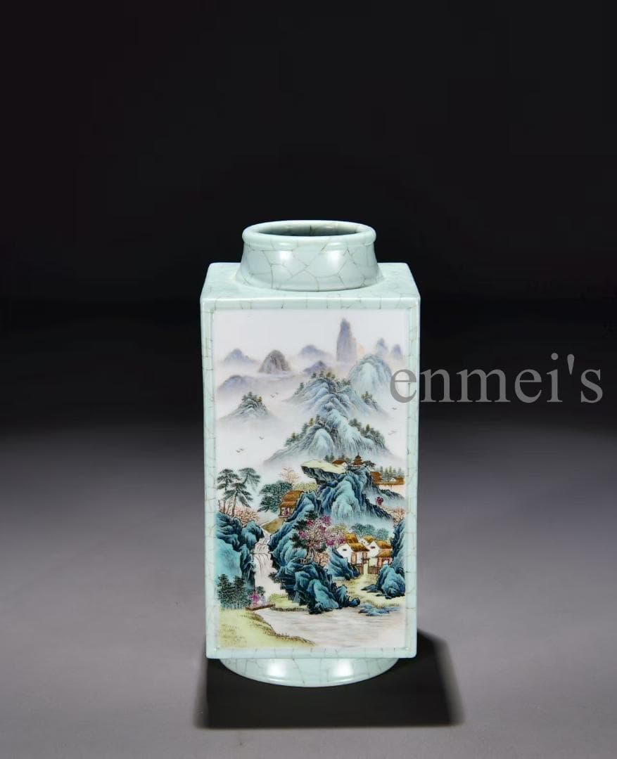 中国古美術 清乾隆 粉彩山水詩文琮式瓶 花瓶 唐物 陶磁 装飾壺 文房具 時代物