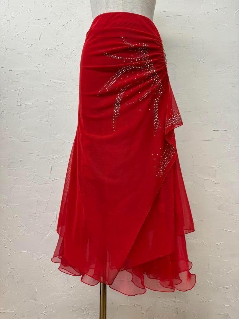 赤　新品　ラインストーン　社交ダンス　フレアーデザインスカートd035