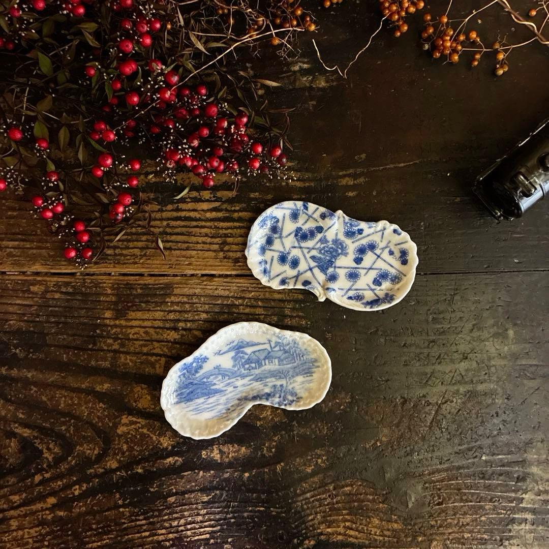 骨董　印判手　図変わり印判　超希少　洋風型もの　小皿　菓子皿　プレート2種