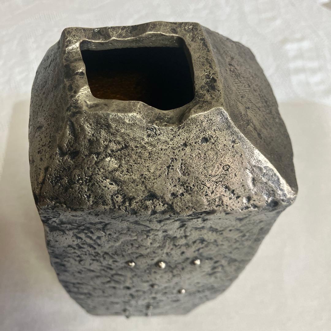 長谷川恵久作　白銅 花瓶 角型 木箱付き