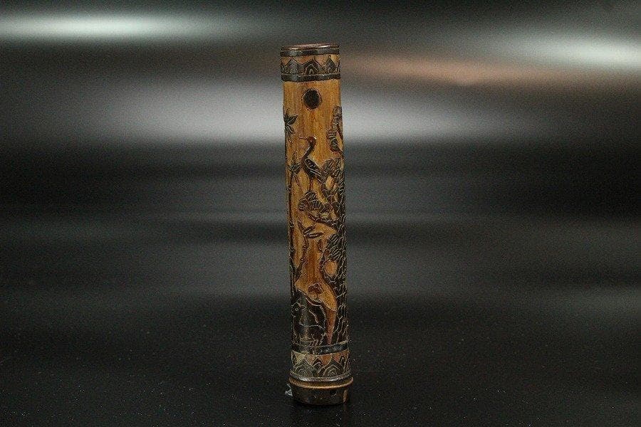 竹 刻花鳥 小筒 高11cm 提物 旧家蔵出