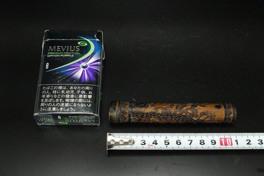 竹 刻花鳥 小筒 高11cm 提物 旧家蔵出