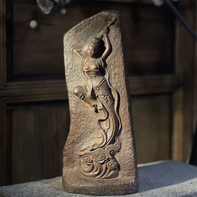 石造 敦煌飛天 浮彫りが琵琶を弾きま仕女 装飾品 禅意 卓上置物工芸品 美術品