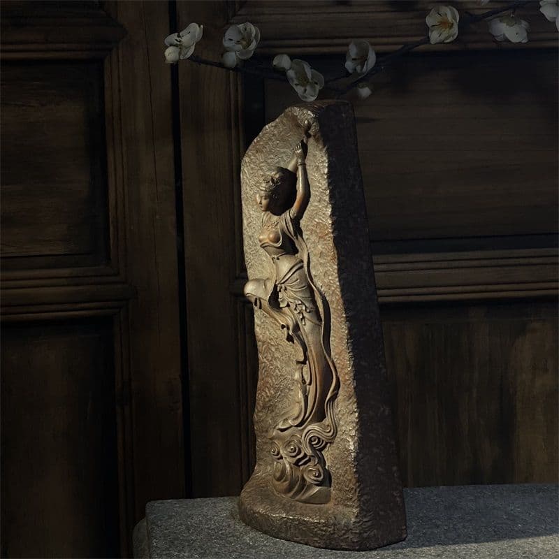 石造 敦煌飛天 浮彫りが琵琶を弾きま仕女 装飾品 禅意 卓上置物工芸品 美術品