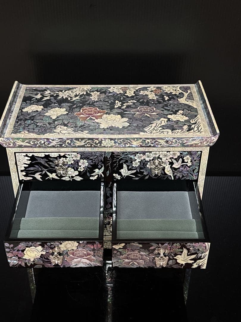 極上 成官鎬印 細密彫刻 螺鈿 華鳥図 宝石箱 小箱 ジュエリーボックス