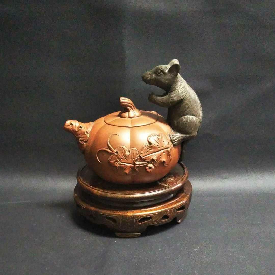 ※中国古美術/朱泥南瓜鼠紋茶壺/(底款有り)