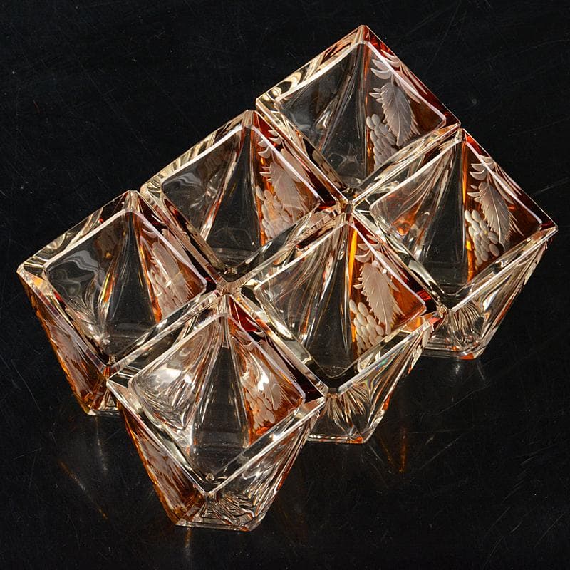 ボヘミアガラス　グラビュール　葡萄図　ショットグラス　6客　D　R6362