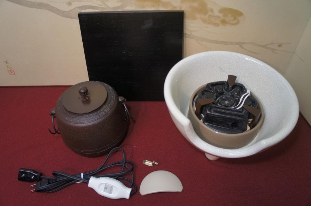 ☆ 野々田 さつま風炉(紅鉢型)電熱器 在銘 萬代屋小釜 釜鐶他フルセット送料込