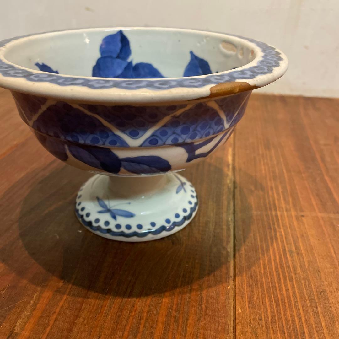 美品　古伊万里　染付の器　江戸時代　肥前　磁器　高杯　金継ぎ　染付の絵柄が上品な