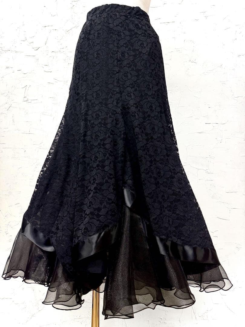 【薔薇レース】新品 社交ダンス用裾サテンテープ 黒ロングフレアスカートb502