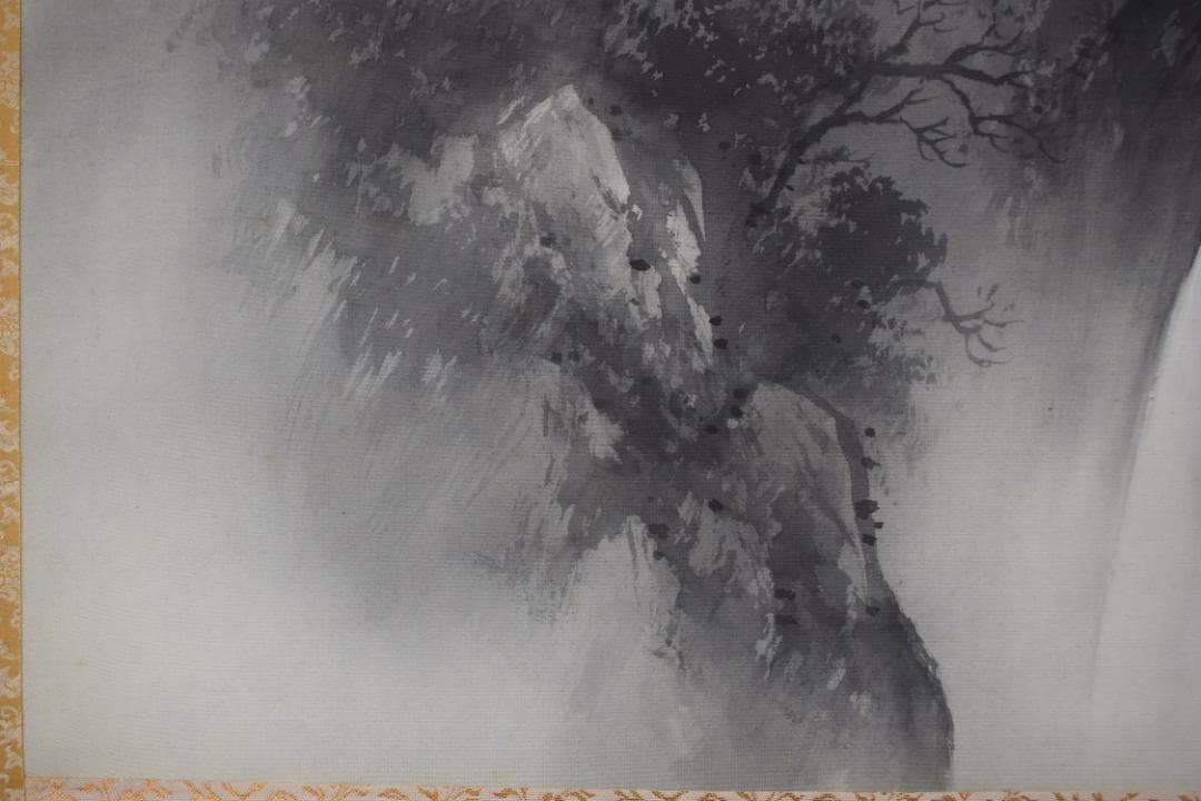 【真作】吉井春堂/滝山水図/横物/水墨山水図/掛軸☆宝船☆Z-156