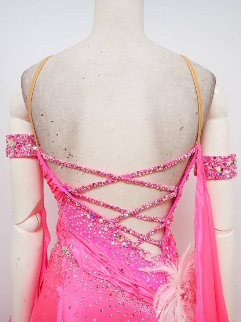 B1580【チャコット】S★ピンク/羽根/スワロ/スタンダードドレス☆社交ダンス