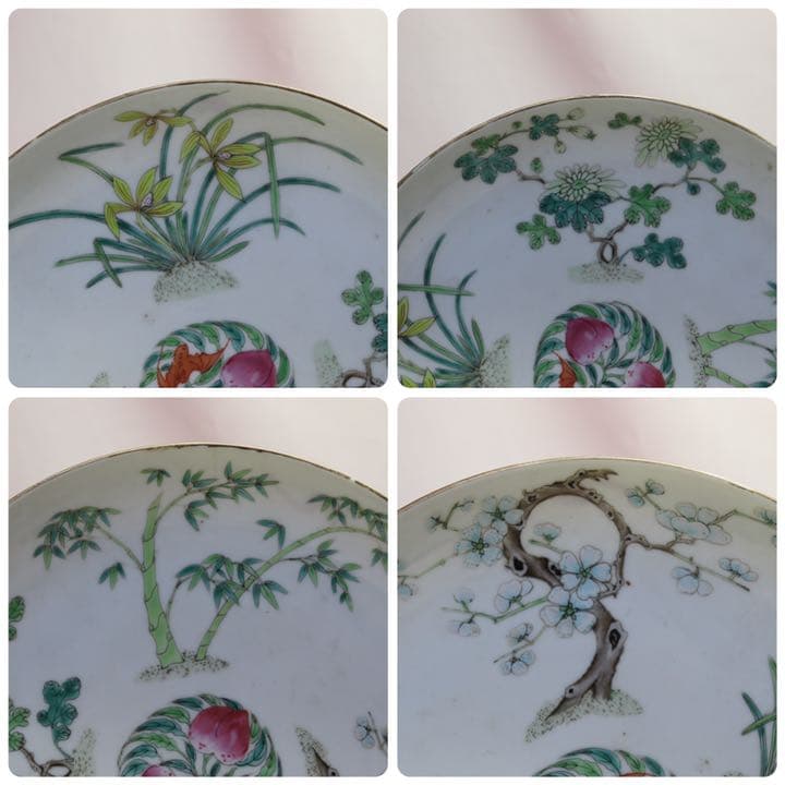 中国　清朝期　粉彩四君子鑑賞大皿② アンティーク　時代箱付0621