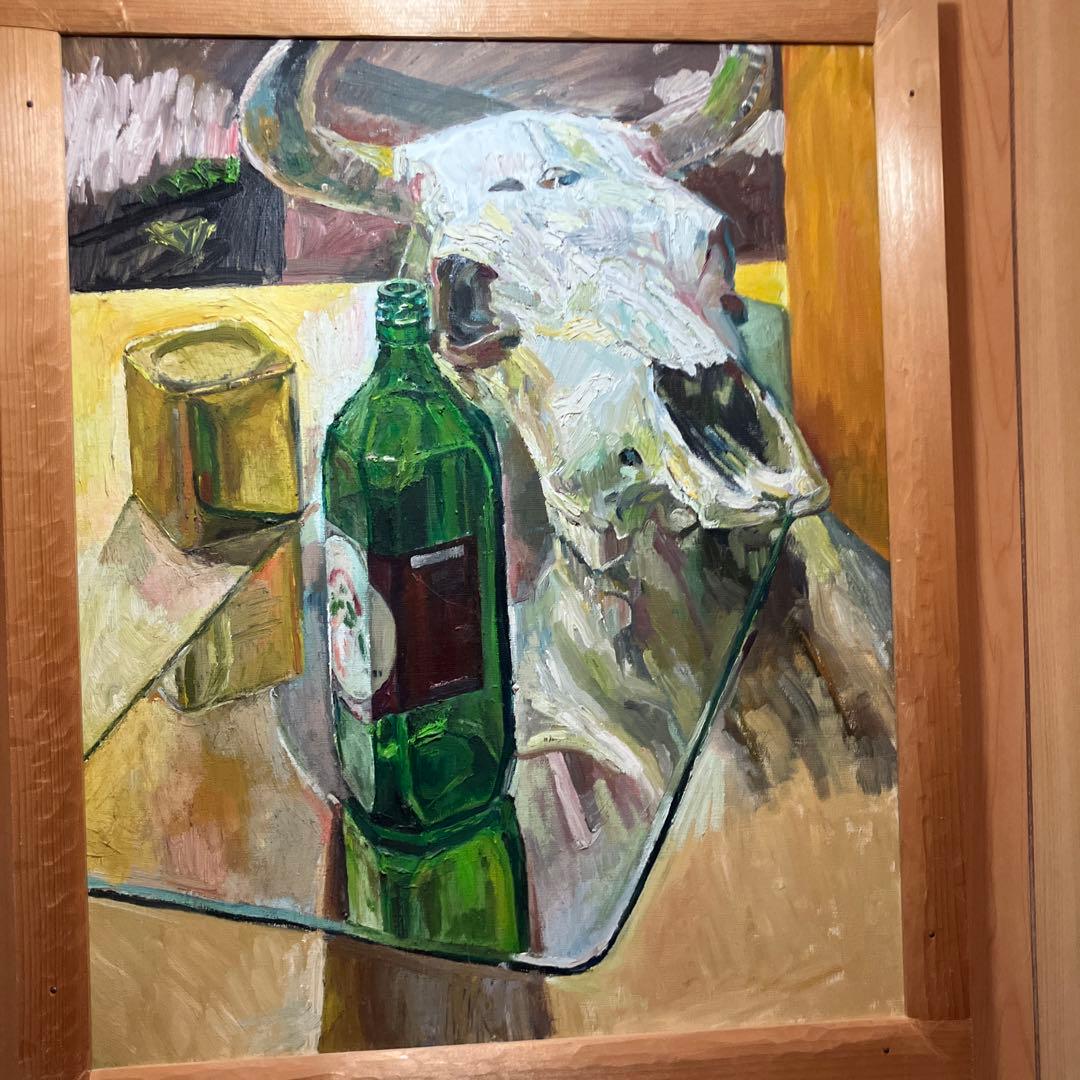 油彩静物画　牛頭骸骨とラム酒瓶　光と鏡像