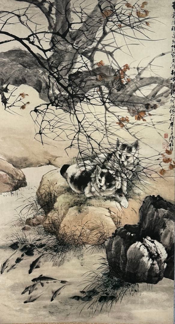 中国　明時代　程璋　雙猫窺魚圖　絹本　原色複製　◇検故宮博物館◇ 一鼎軒0926