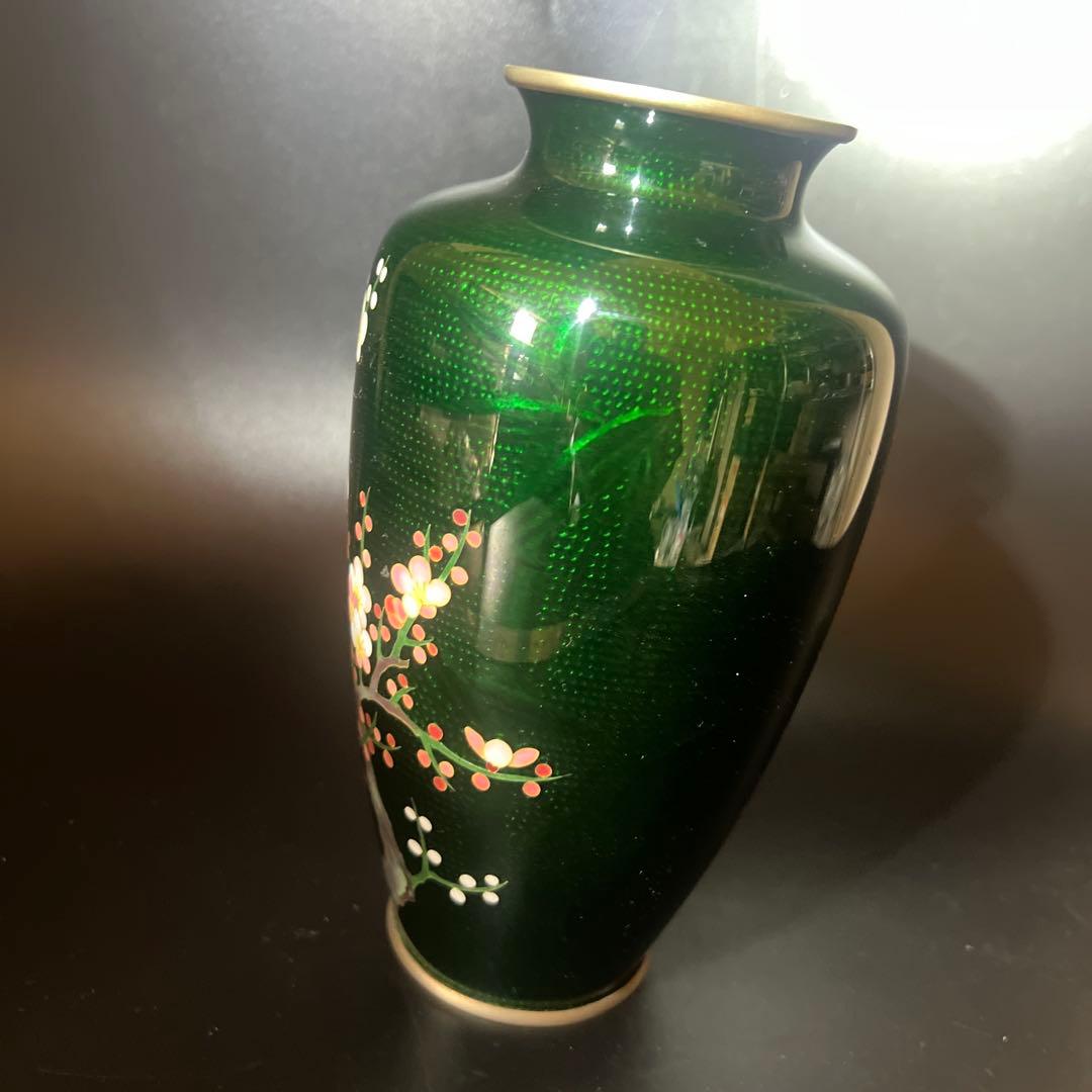 安藤七宝焼　梅菊竹　珍しい深緑系　花入れ　花瓶　華道　刻印有　極上工芸　金属工芸