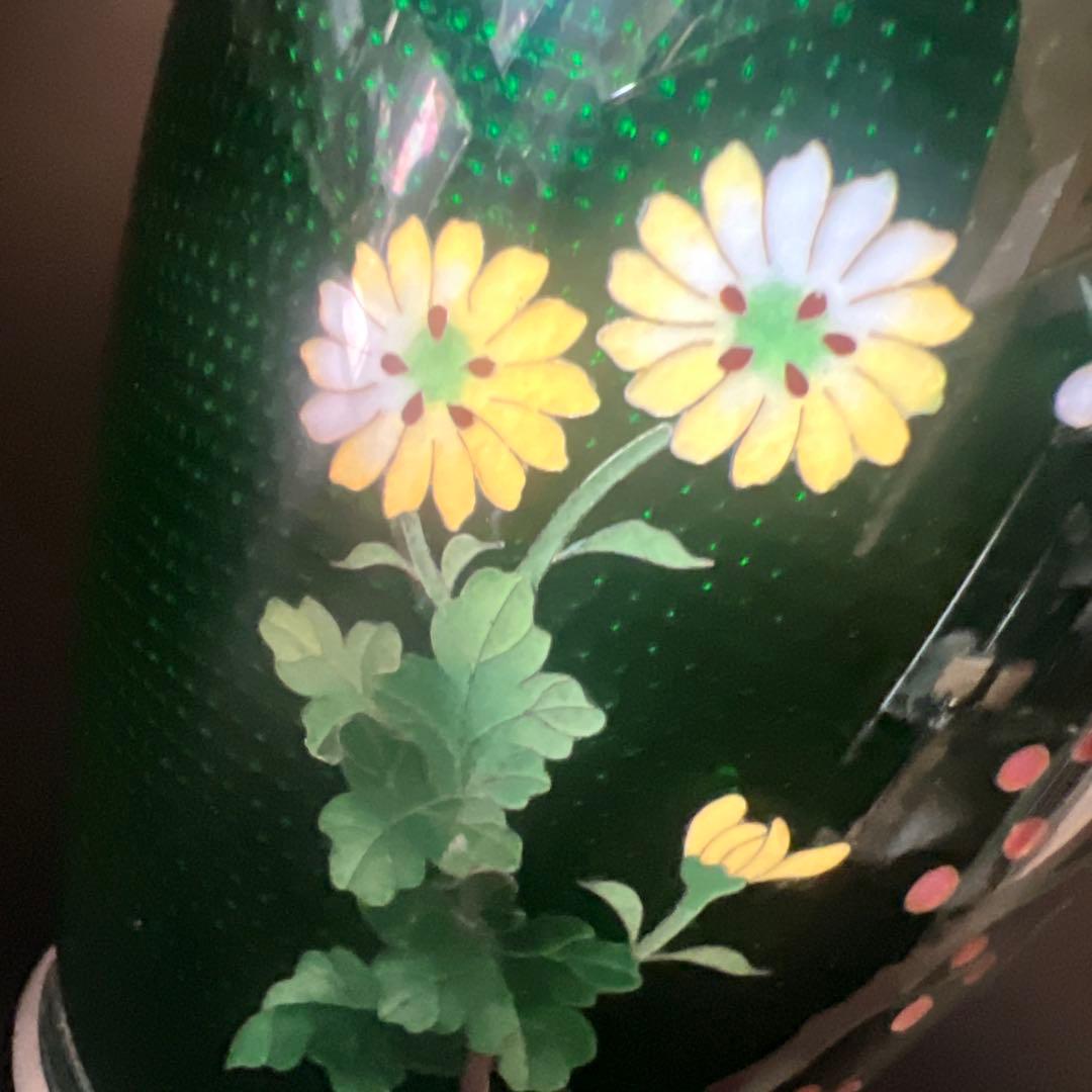 安藤七宝焼　梅菊竹　珍しい深緑系　花入れ　花瓶　華道　刻印有　極上工芸　金属工芸