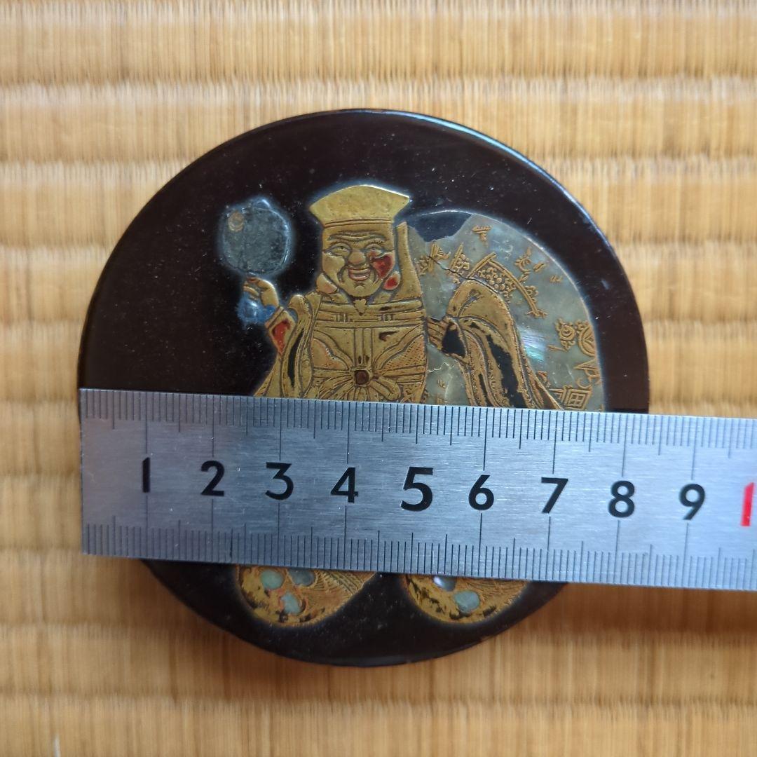 金箔装飾 漆器 香合 円形　大黒様　金蒔絵　打出の小槌　俵　骨董品　古美術