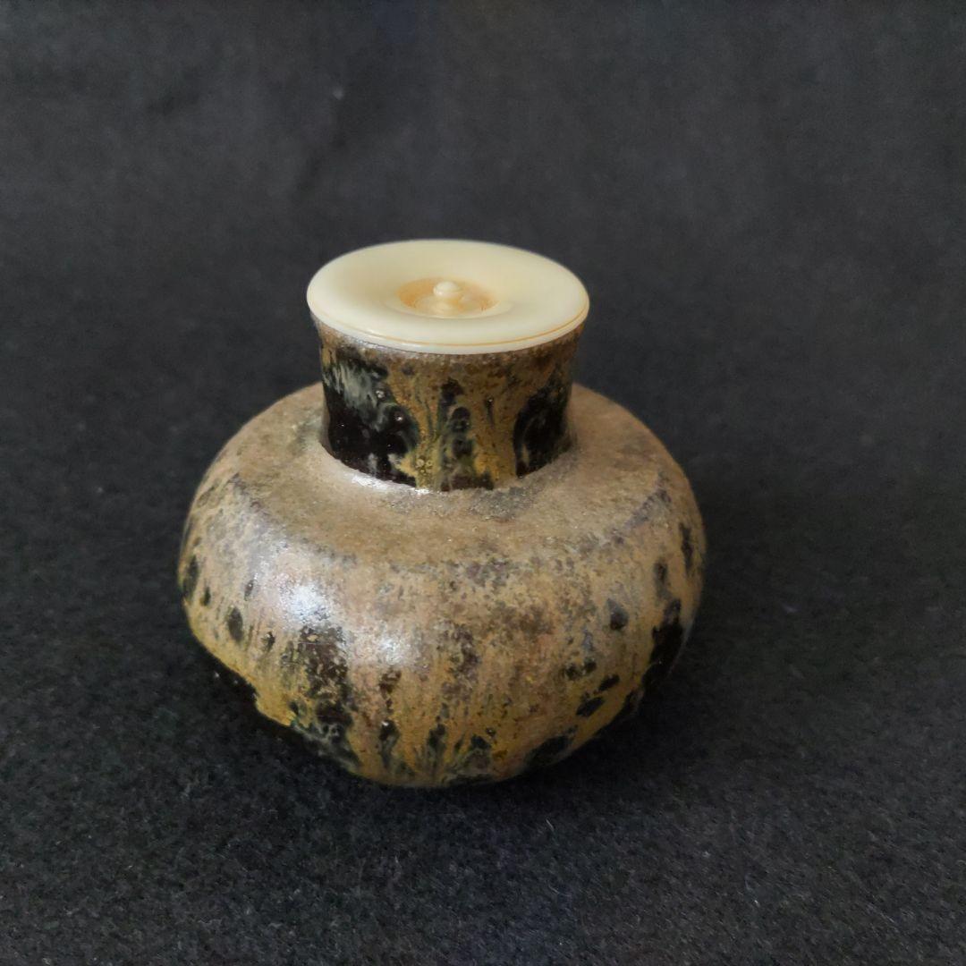 森陶岳　黒備前丸壺茶入　仕服:藤種緞子　茶道具　中古品