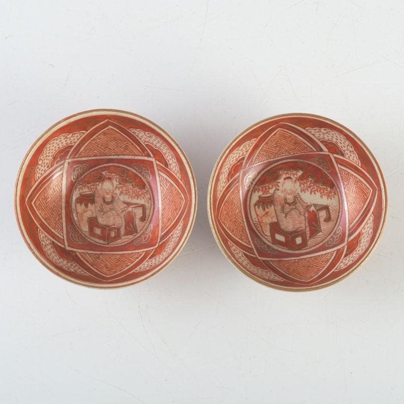 九谷焼　古九谷　角福銘　赤絵金彩　人物文　盃　一對　共箱　V　9544