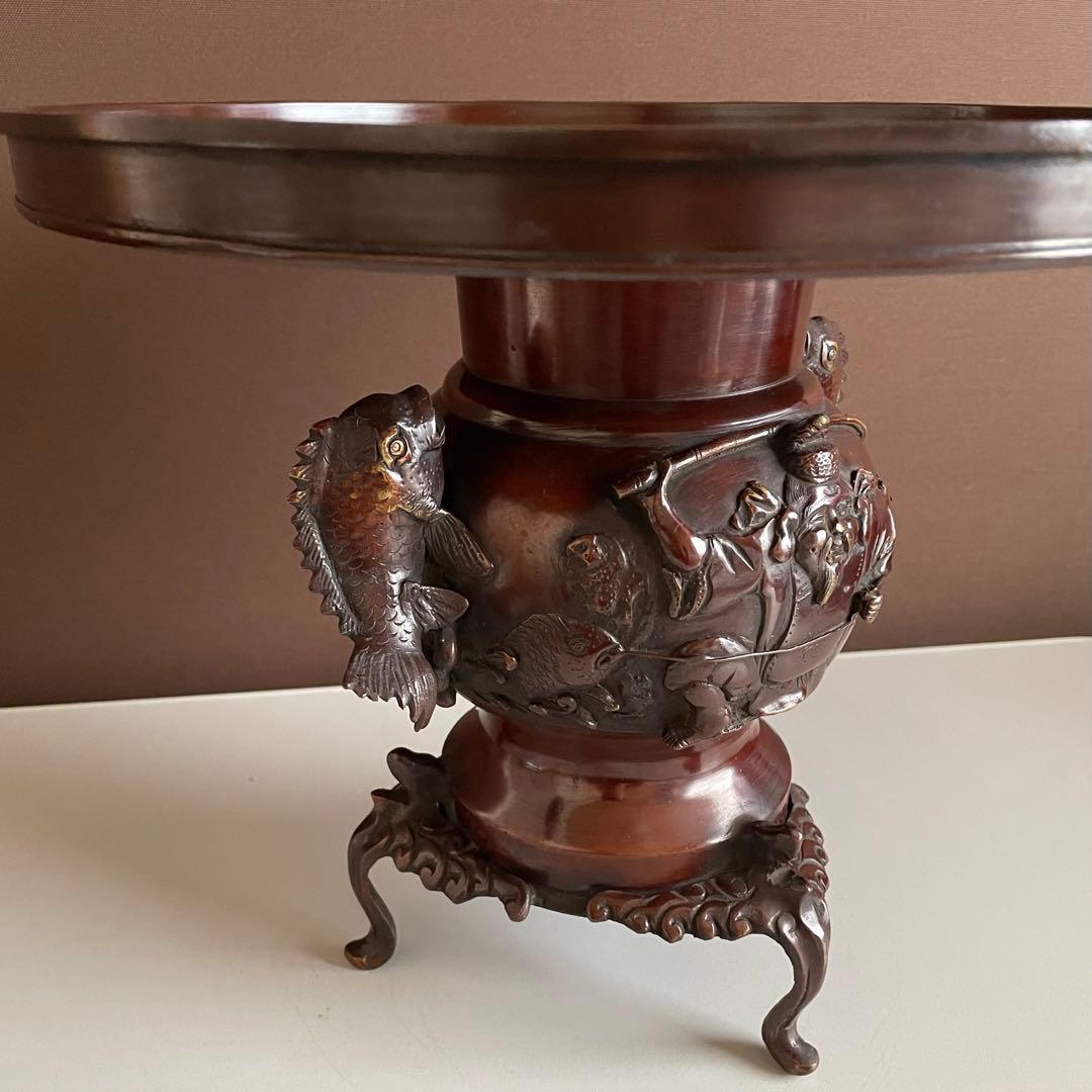 シ*イ様 銅花器 薄端 金工師 五郎三郎 恵比寿文 鯛彫双耳 三足 重さ3.6k