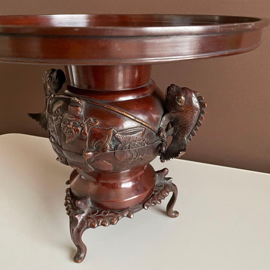 シ*イ様 銅花器 薄端 金工師 五郎三郎 恵比寿文 鯛彫双耳 三足 重さ3.6k