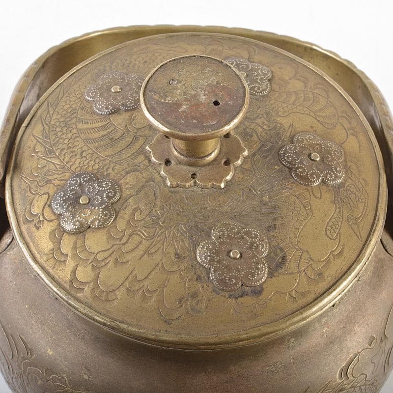 煎茶道具　黄銅　いぶし銀　彫金雲龍刻　湯沸し　薬缶　時代箱付　H　R6180B