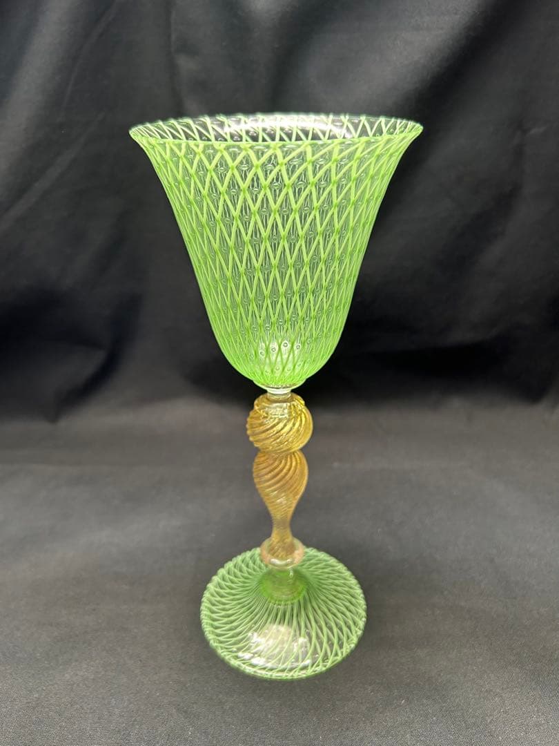 ベネチアングラスSeguso緑色網目模様ガラスカップ