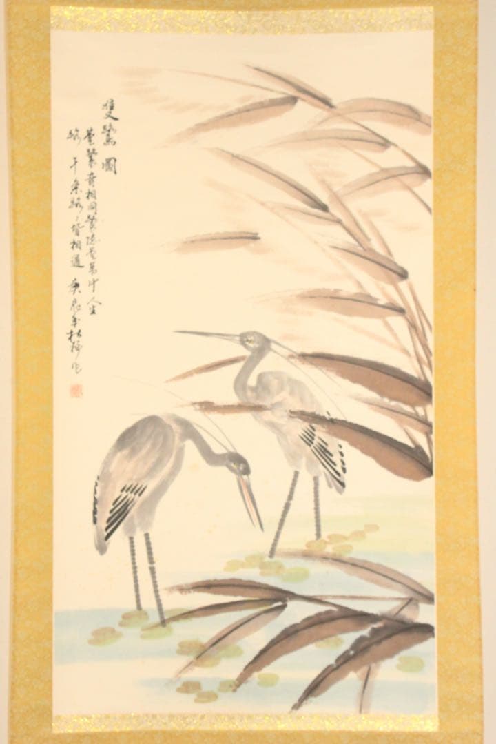 No5274 掛軸　在銘　杜飛　雙鷺図　紙本着色　中国画　唐画　鳥獣　送料無料