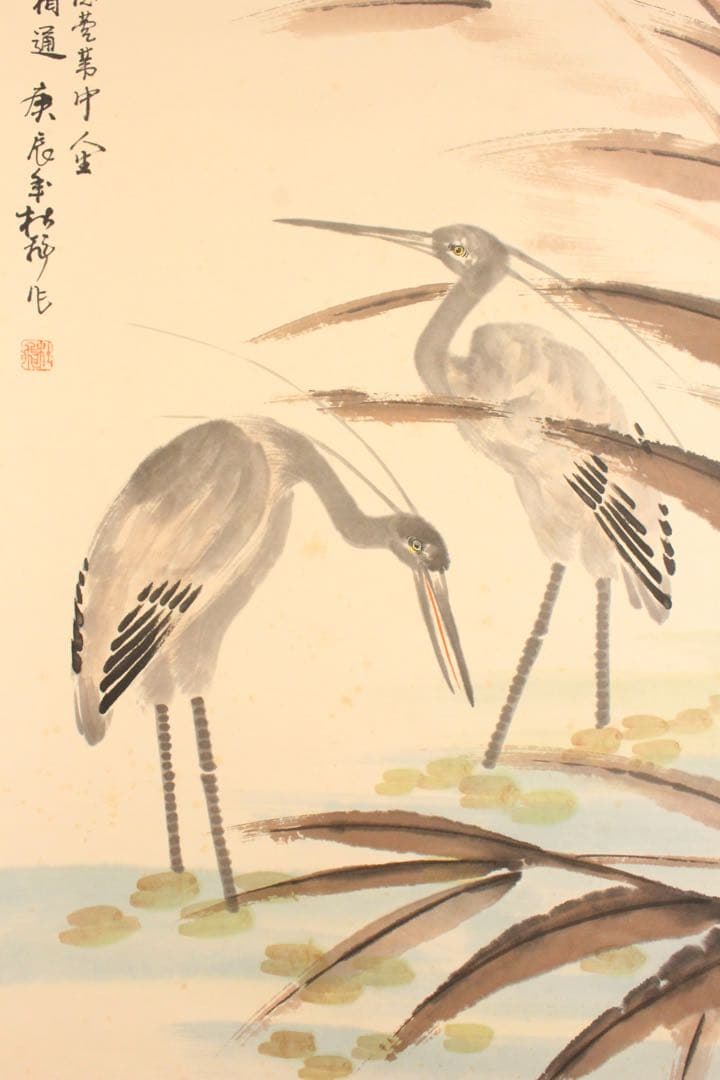 No5274 掛軸　在銘　杜飛　雙鷺図　紙本着色　中国画　唐画　鳥獣　送料無料