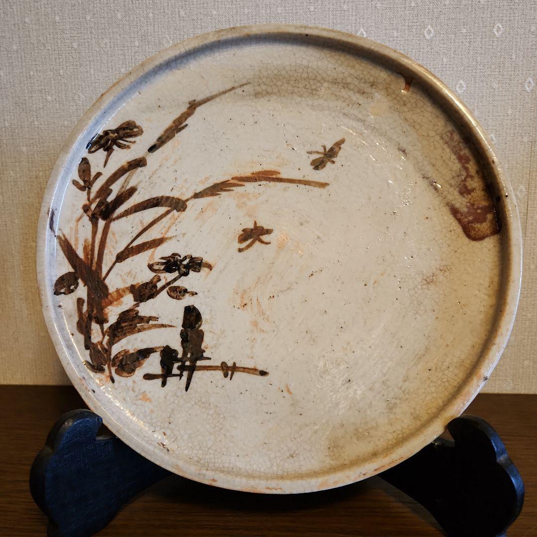 慶應　江戸後期　絵瀬戸　鉄絵　石皿 秋草行灯皿　油皿