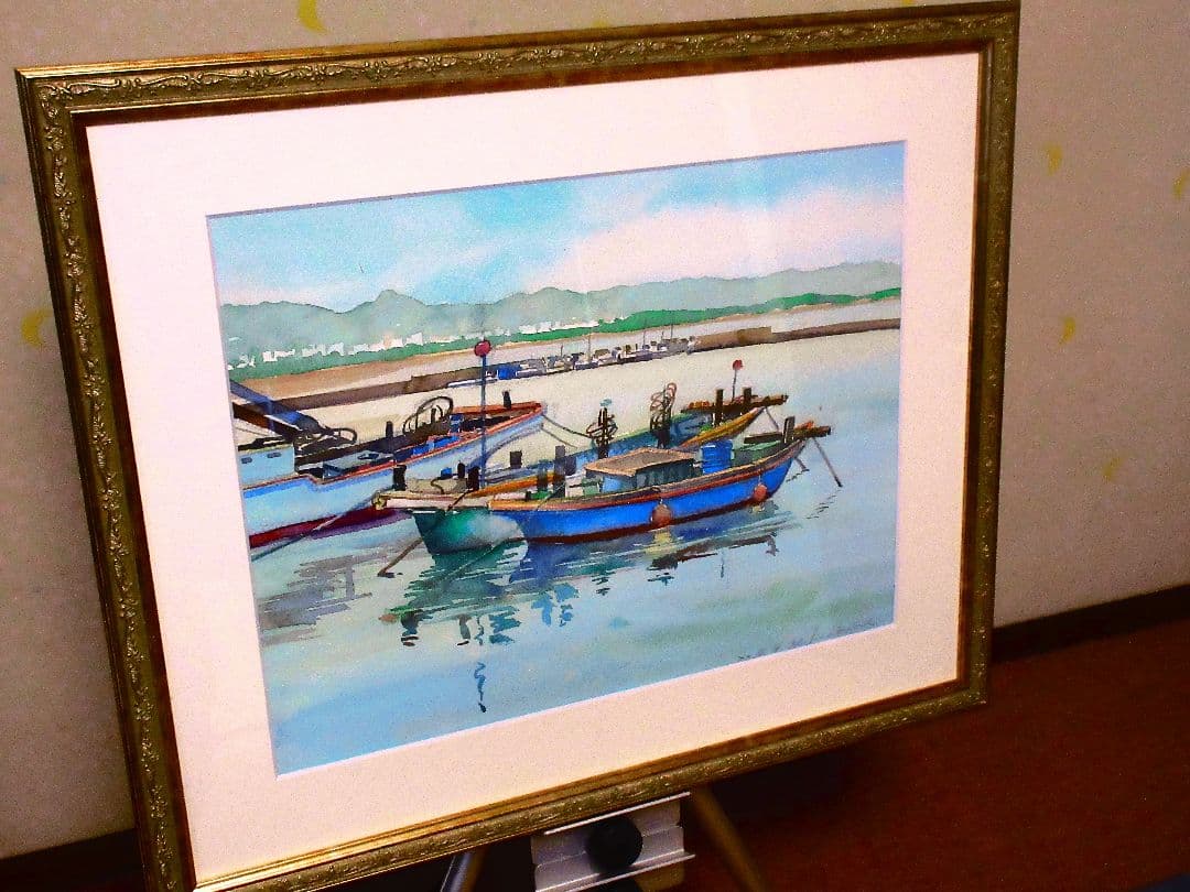 漁船の水彩画額装済み F6サイズ 原画