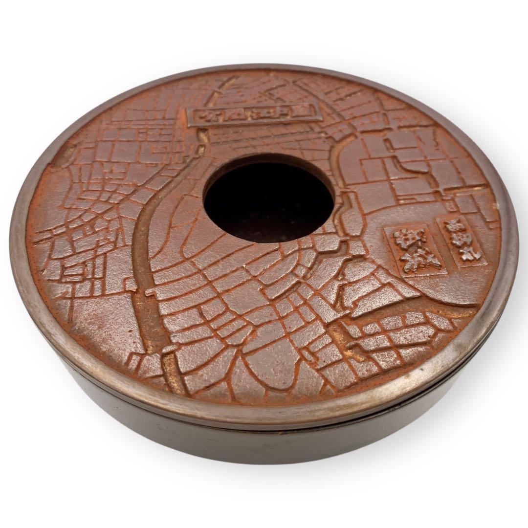 【未使用品】 灰皿 文久31年頃の江戸古地図 赤坂青山 鋳銅製赤銅 鉄製鉄錆