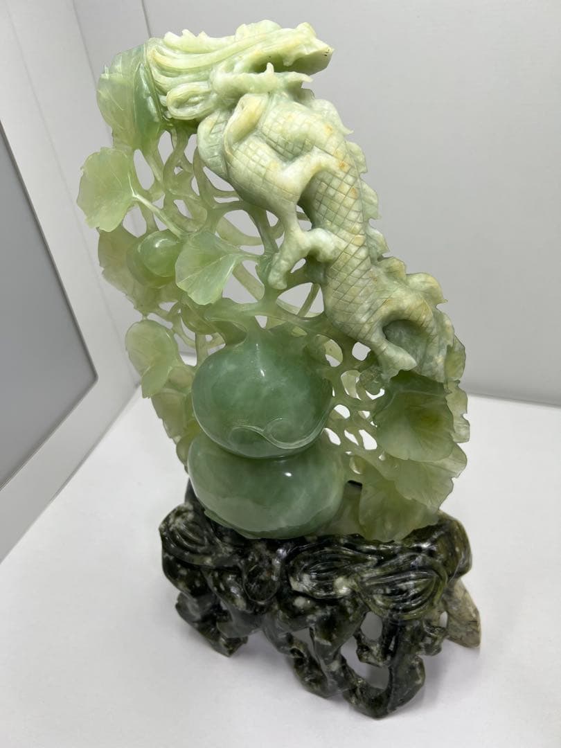 玉雕 翡翠 瓜果 龍 瓢箪彫 彫刻 置物 中国美術 古美術 ひすい ひょうたん