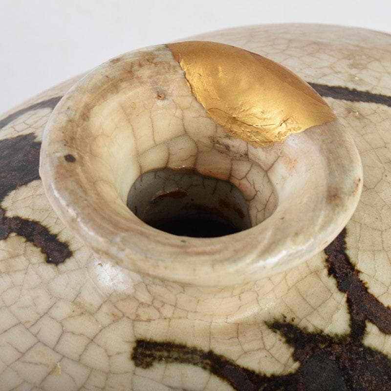 朝鮮美術　李朝　高麗白磁　鉄絵草文　俵壷　扁壷　F　R9071