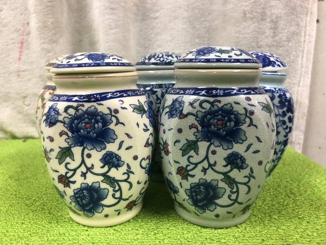 青と白の花柄 陶器容器セット お茶入れ