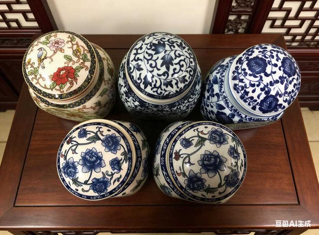 青と白の花柄 陶器容器セット お茶入れ