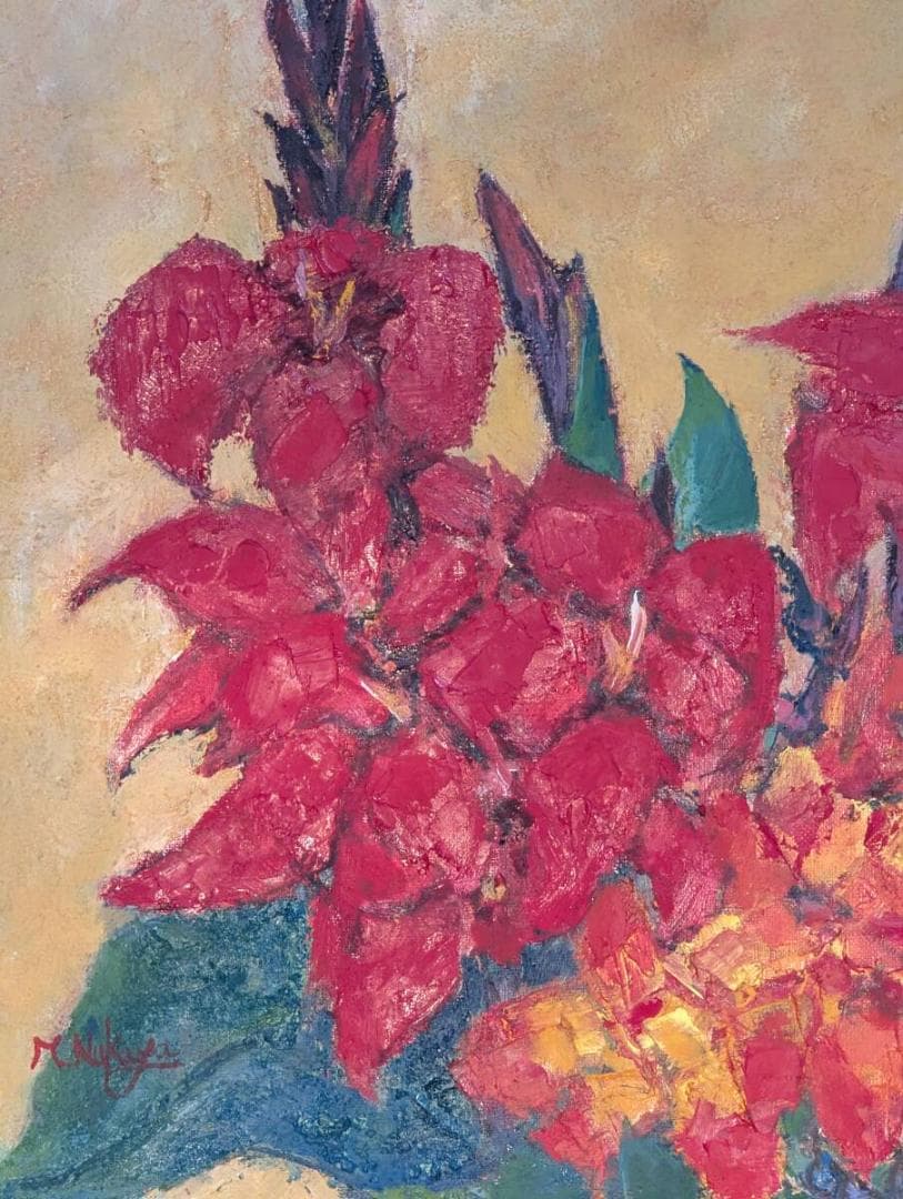 【真作】絵画　中矢眞人　油彩8号　カンナ　情熱の花叢　厚塗り　Z104