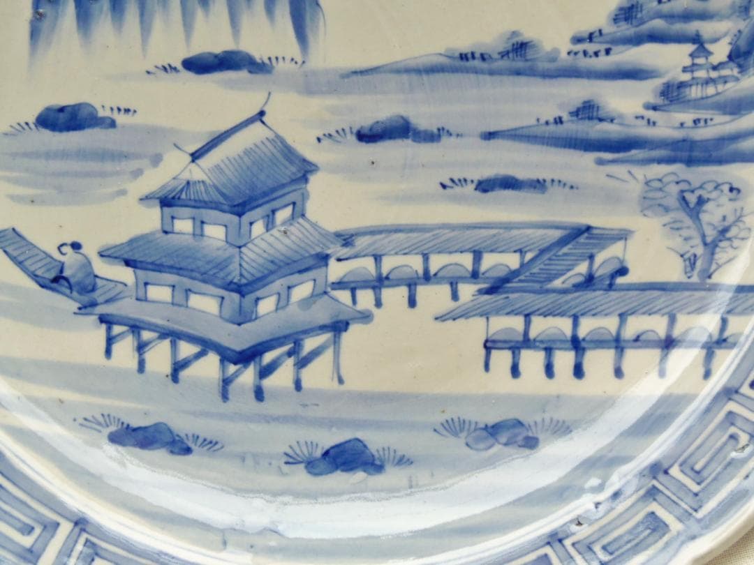 474mm 古伊万里 骨董品 風景画 陶器の皿 飾り皿 装飾皿 床飾り 伊万里焼