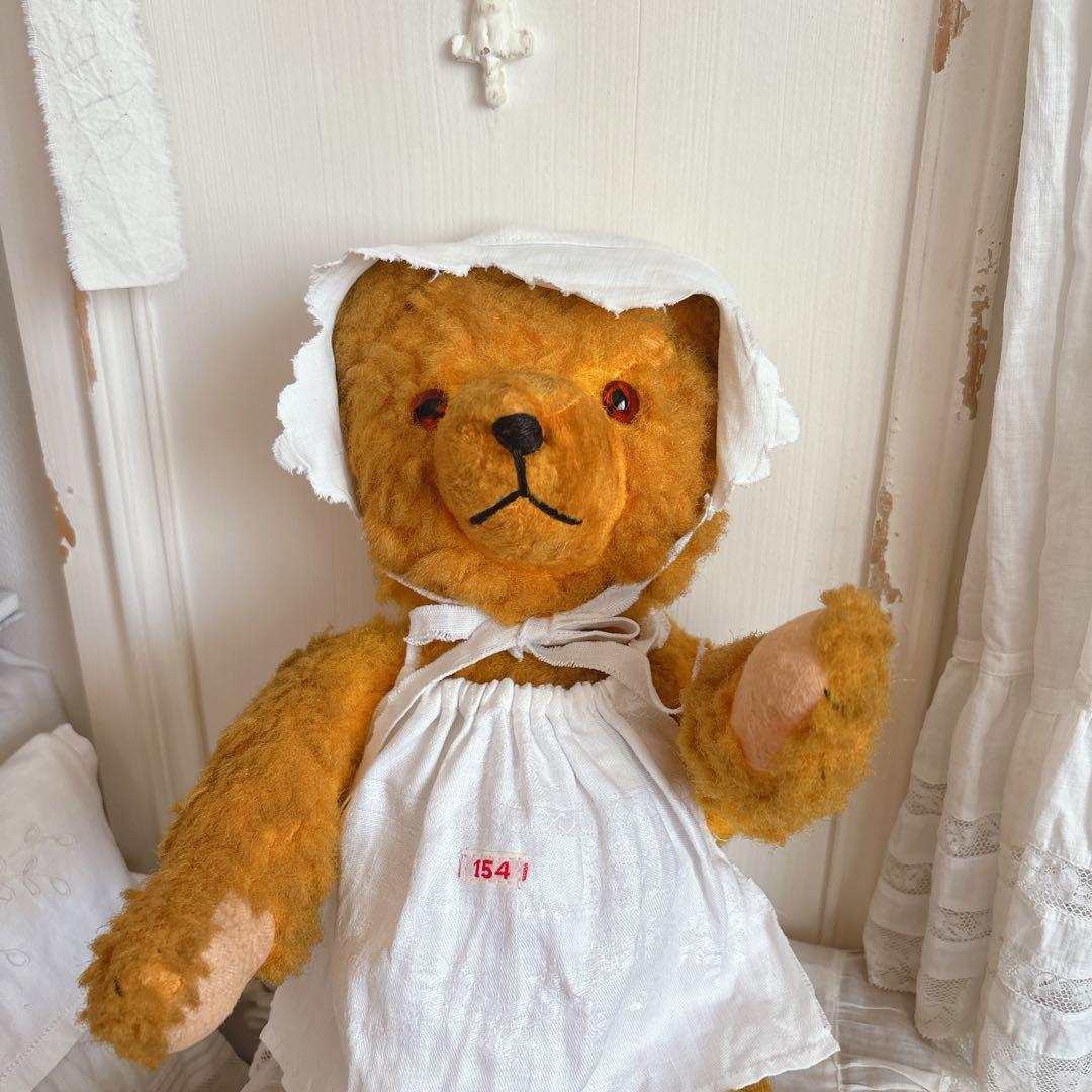 最終ʕ•ᴥ•ʔ アンティークベア　ボネエプロン付き　アンティークテディベア