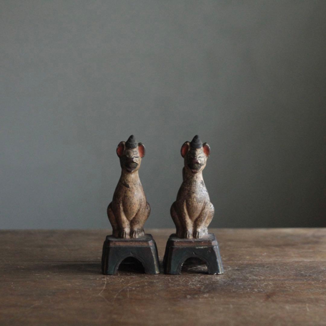 古い 土人形 お稲荷さん 一対 民芸 古道具 アンティーク オブジェ 御狐様