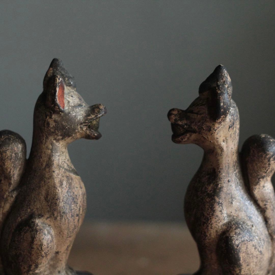 古い 土人形 お稲荷さん 一対 民芸 古道具 アンティーク オブジェ 御狐様