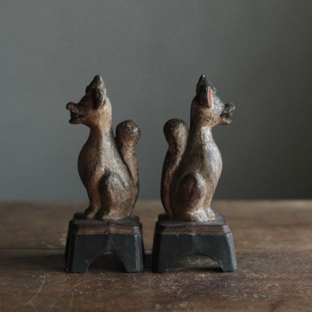 古い 土人形 お稲荷さん 一対 民芸 古道具 アンティーク オブジェ 御狐様