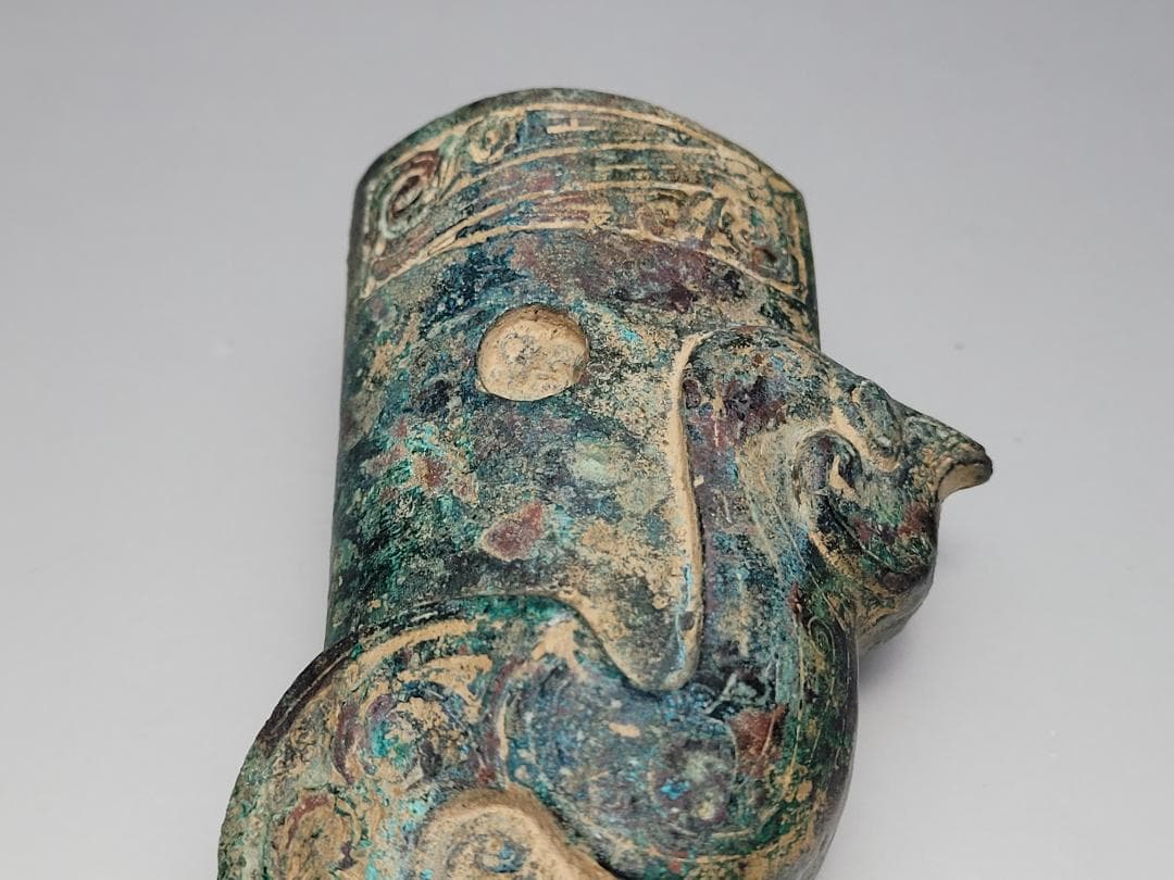 青銅製 陽刻鳥型文 刀柄 春秋戦国時代 高さ約15.7cm